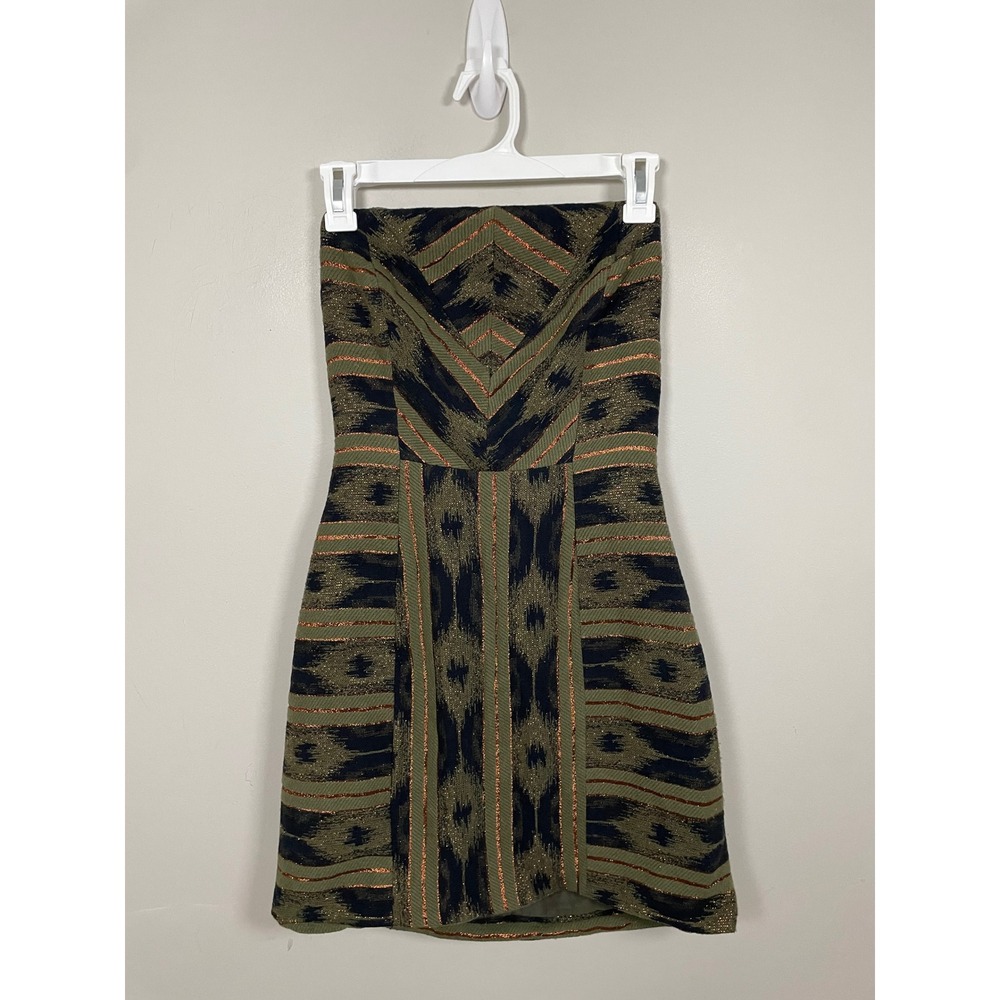 Ramy Brook Strapless Structured Mini Dress Green Ikat Print Size 6 Event Party - Picture 1 of 8